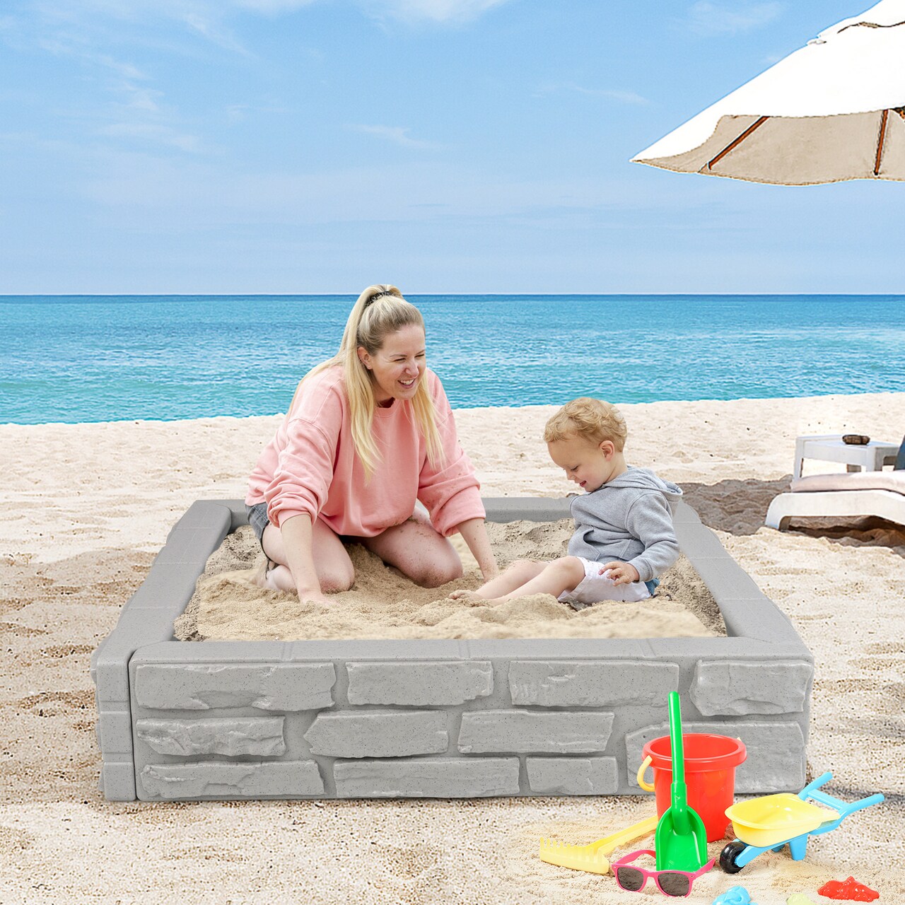 Outdoor 2-in-1 Kids Sandbox with HDPE Frame, Cover, and Adjustable Liner